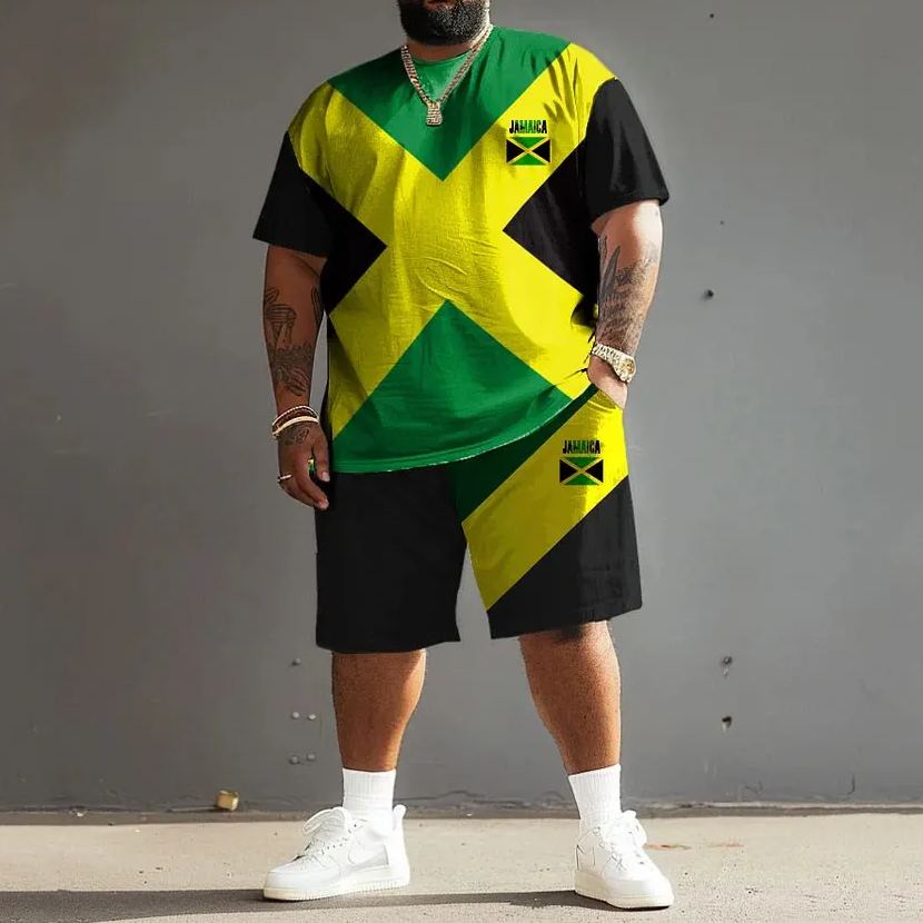 Men's Plus Size Jamaican Flag Colors T-Shirt Shorts Set