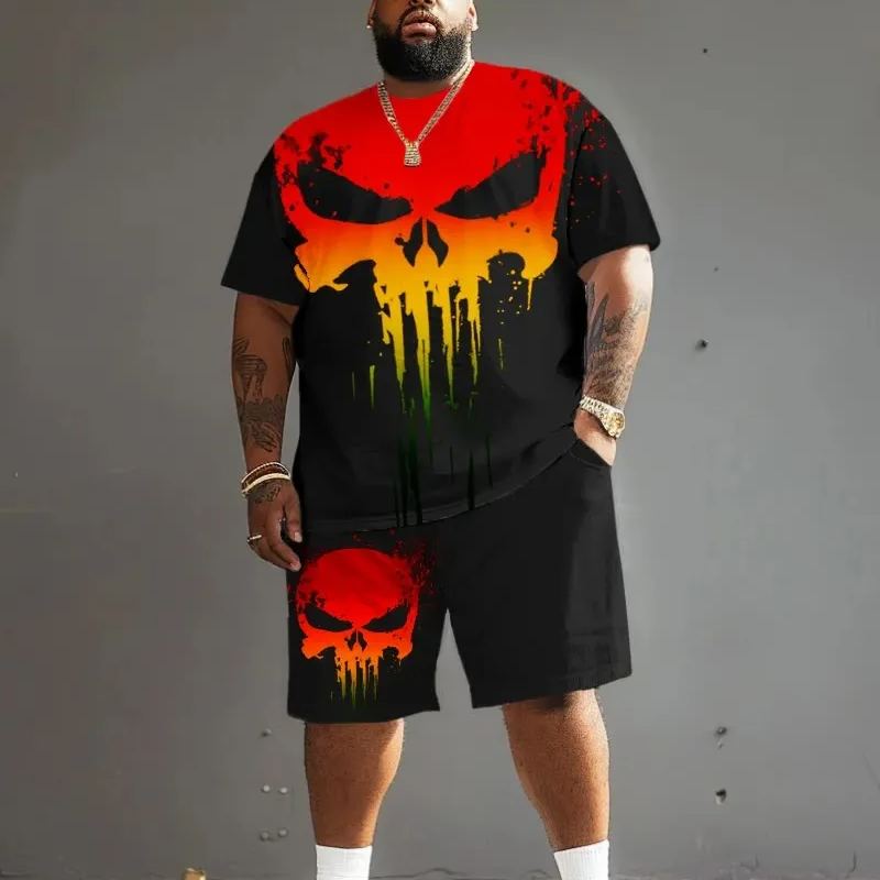 Men's Plus Size Reggae Skull Print T-Shirt Shorts Set