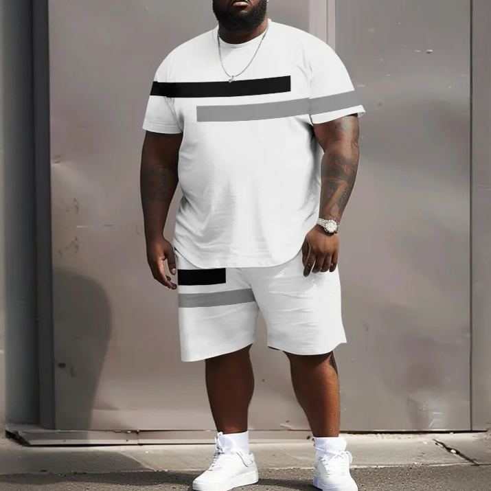 Men's Plus Size Casual Stripe Printed Crew Neck Short Sleeve T-shirt Two-piece Set