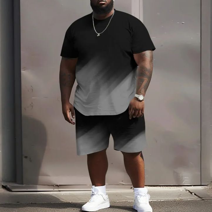 Men's Plus Size Summer Fashion Ombre Print Crew Neck Short Sleeve T-shirt Two-piece Set