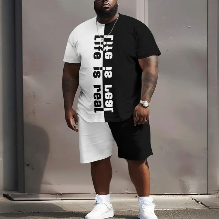 Men's Plus Size Life Is Real Colorblock Print Crew Neck Short Sleeve T-shirt Two-piece Set
