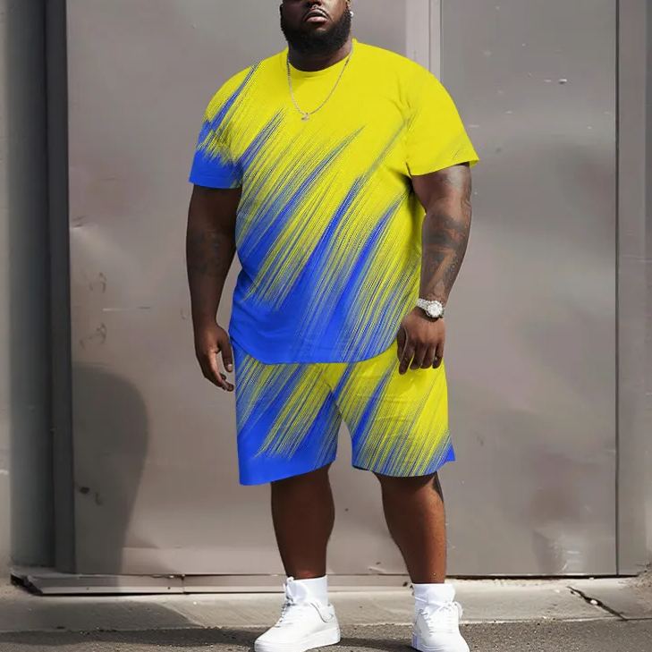 Men's Plus Size Summer Vacation Leisure Abstract Geometric Ombre Print Crew Neck Short Sleeve T-shirt Two-piece Set