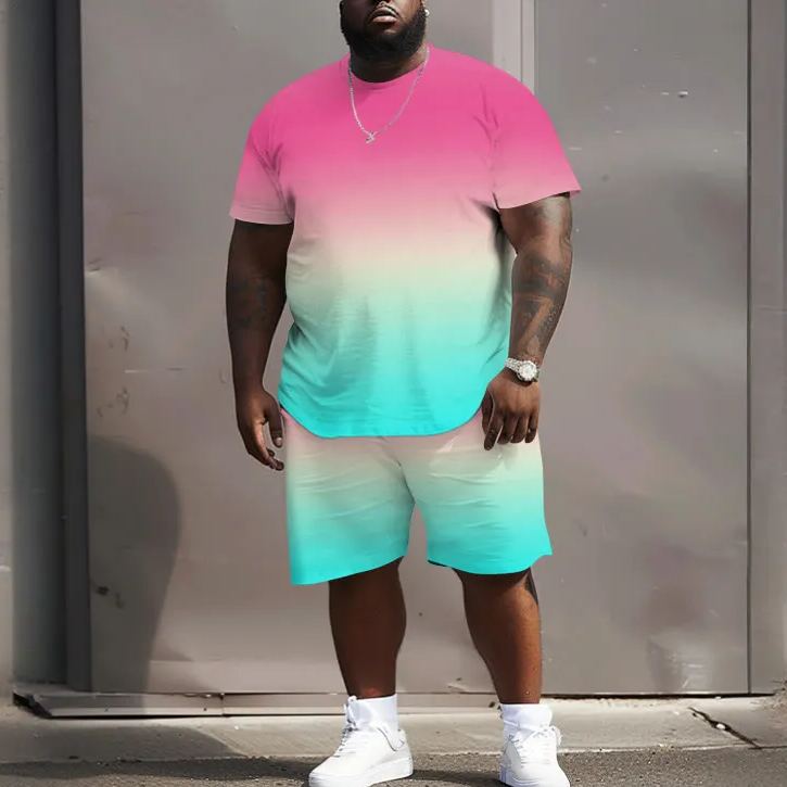 Men's Plus Size Summer Vacation Casual Ombre Printed Crew Neck Short Sleeve T-shirt Two-piece Set