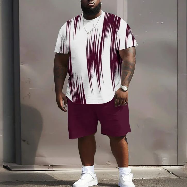 Men's Plus Size Abstract Stripe Print Crew Neck Short Sleeve T-shirt Two-piece Set