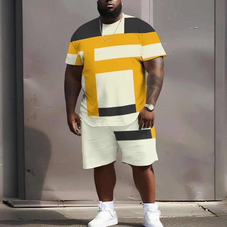 Men's Plus Size Asymmetric Geometric Print Crew Neck Short Sleeve T-shirt Two-piece Set