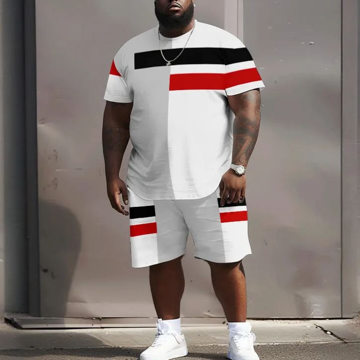 Men's Plus Size Colorblock Line Print Crew Neck Short Sleeve T-shirt Two-piece Set