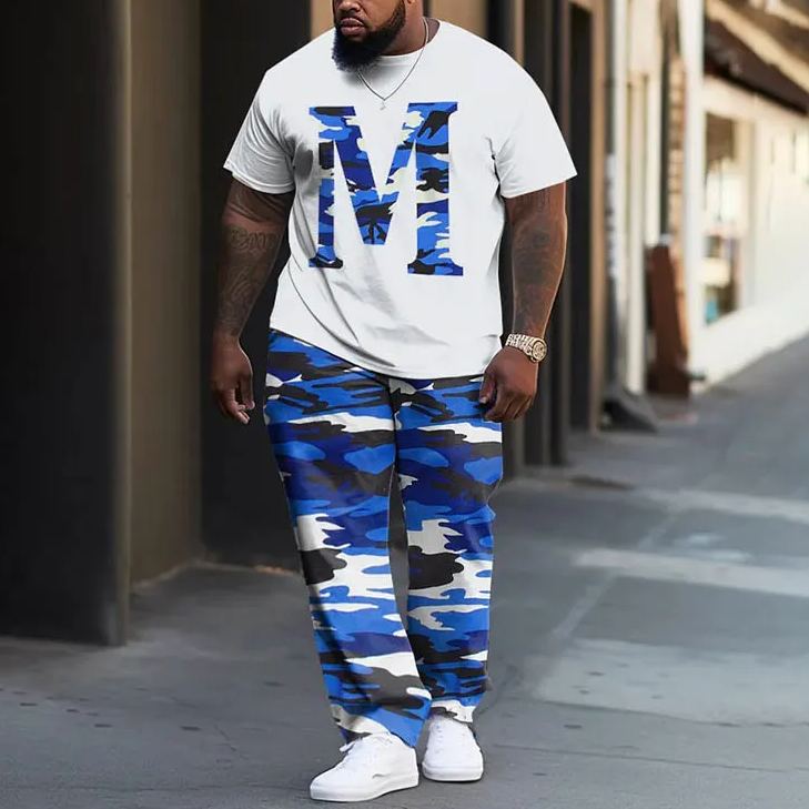  Men's Plus Size Camouflage Style Letter M Printed T-shirt Pants Set
