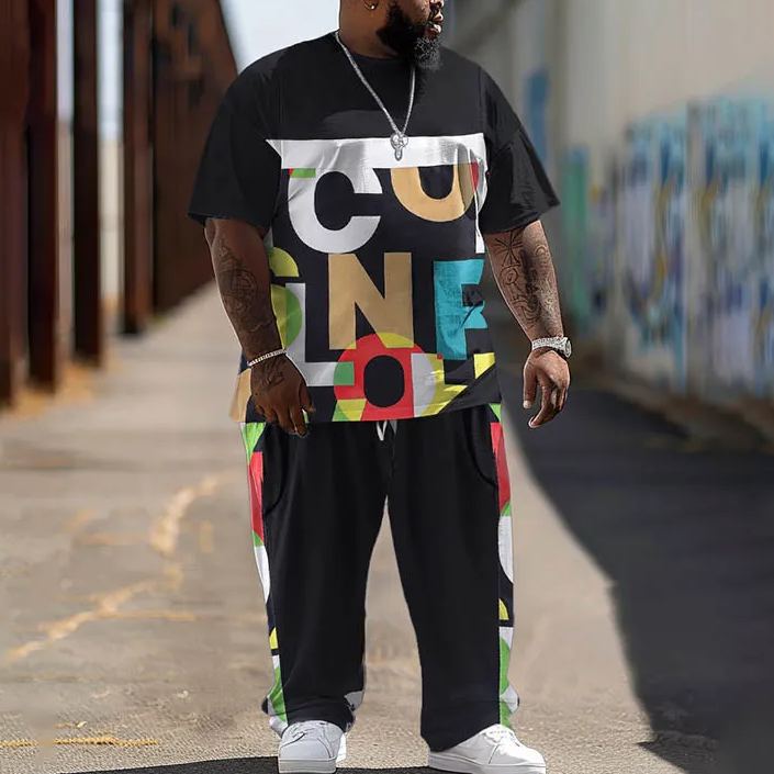  Men's Plus Size Oil Paiting Colorful Letter Printed T-shirt Pants Set