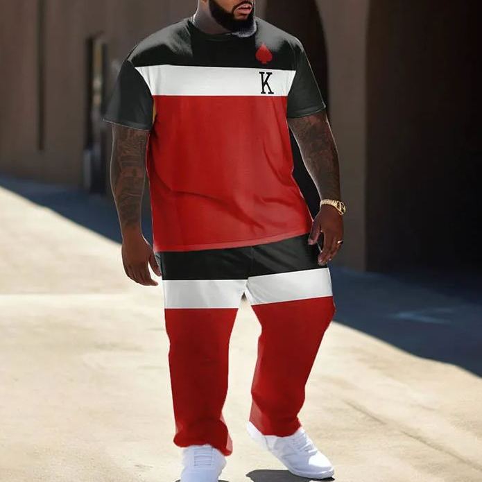  Men's Plus Size Contrasting Color Poker King Printed T-shirt Pants Set