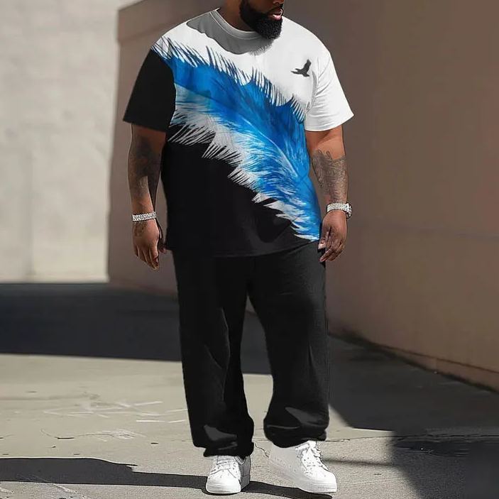 Men's Plus Size Watercolor Painting Plume Eagle Printed T-shirt Pants Set