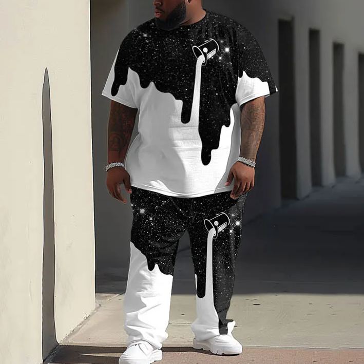  Men's Plus Size Pouring Milk Whiten Starry Sky Printed T-shirt Pants Set