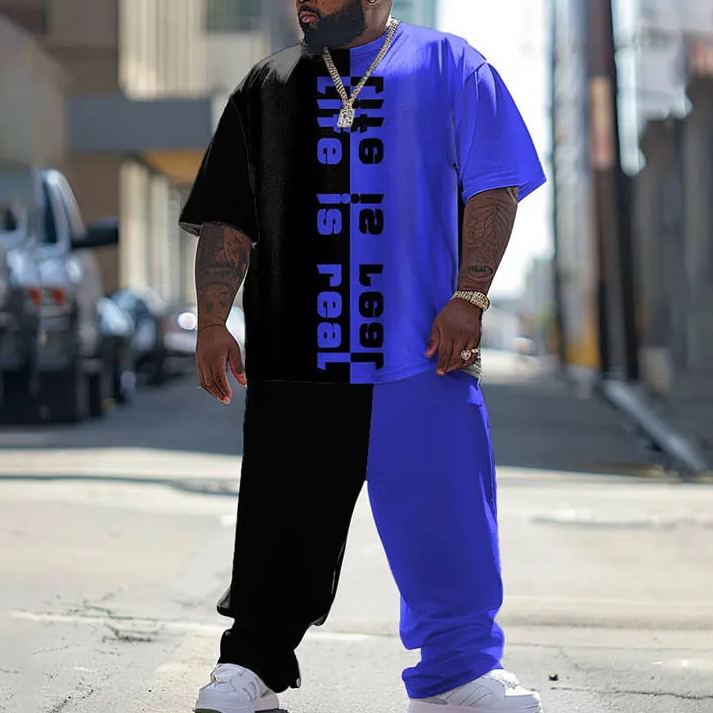  Men's Plus Size Life Is Real Bicolor Printed T-shirt Pants Set