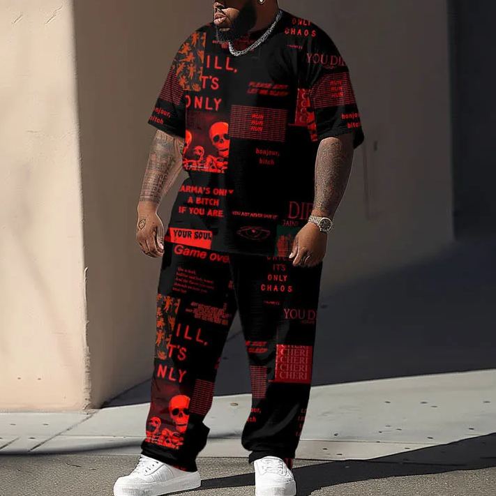  Men's Plus Size Scary Skull Desperate Words Printed T-shirt Pants Set