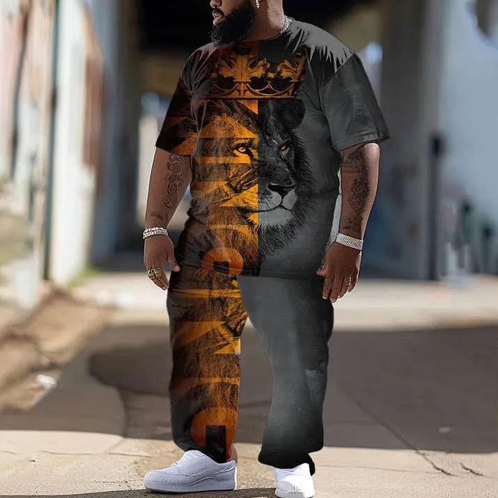  Men's Plus Size Creative  Golden Lion Face Printed T-shirt Pants Set