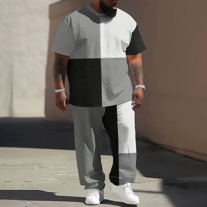  Men's Plus Size Solid Color Symmetrical Square Graphics Printed T-shirt Pants Set