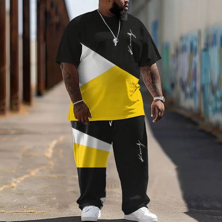  Men's Plus Size Summer Simple Solid Contrasting Color Printed T-shirt Pants Set
