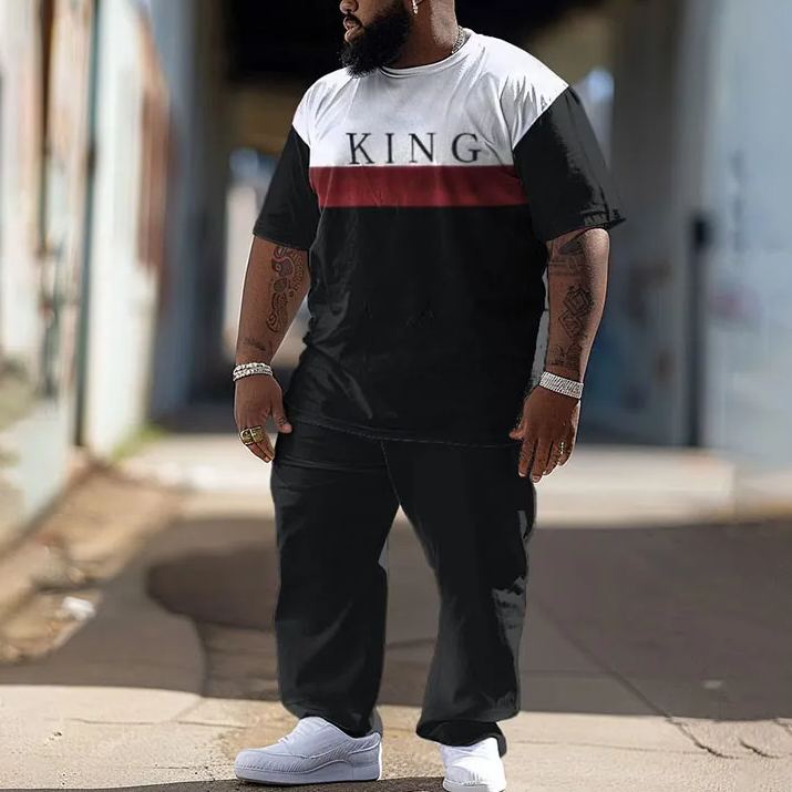  Men's Plus Size Simple Solid Color Word King Printed T-shirt Pants Set