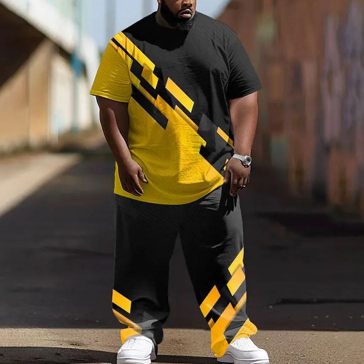  Men's Plus Size Eyecatching Bright Geometric Graphic Solid Color Printed T-shirt Pants Set
