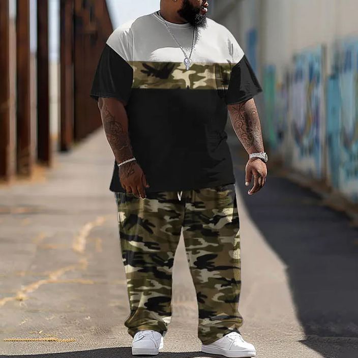  Men's Plus Size Classic Camouflage Splicing Solid Color Printed T-shirt Pants Set