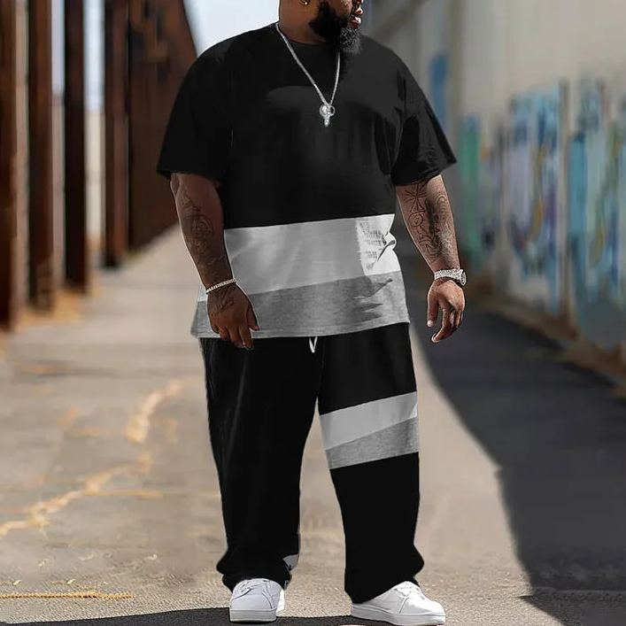  Men's Plus Size Summer Simple Stripe Splicing Solid Color Printed T-shirt Pants Set
