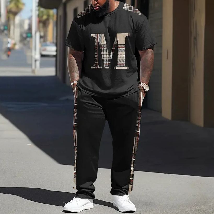Men's Large Color-Blocked Plaid Street Hip-Hop Casual Two-Piece Set