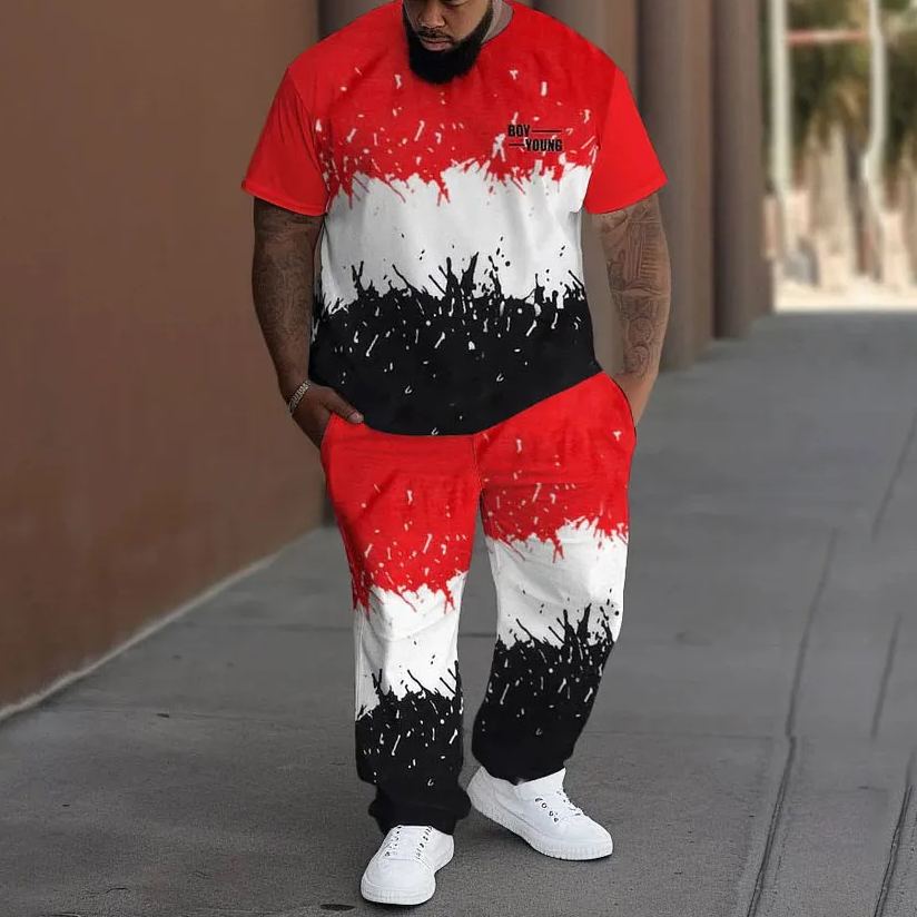 Men's large size tie-dye patchwork short-sleeved trousers two-piece set