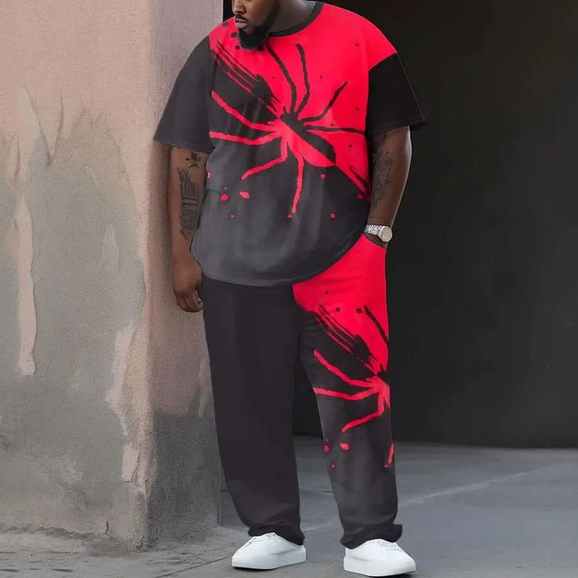 Men's Large Color Block Spider Street Hip Hop Casual Two Piece Set