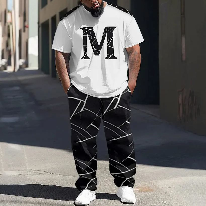 Men's Large M Marble Graphic Street Hip-Hop Casual Two-Piece Set