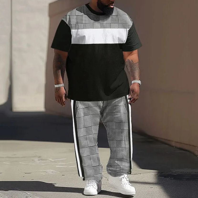 Men's Casual Large Plaid Colorblock Printed T-Shirt Pants Set