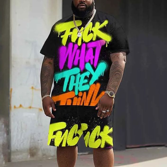 Men's Plus Size Spray Painting Bright Dirty Words Casual Print Shorts Set