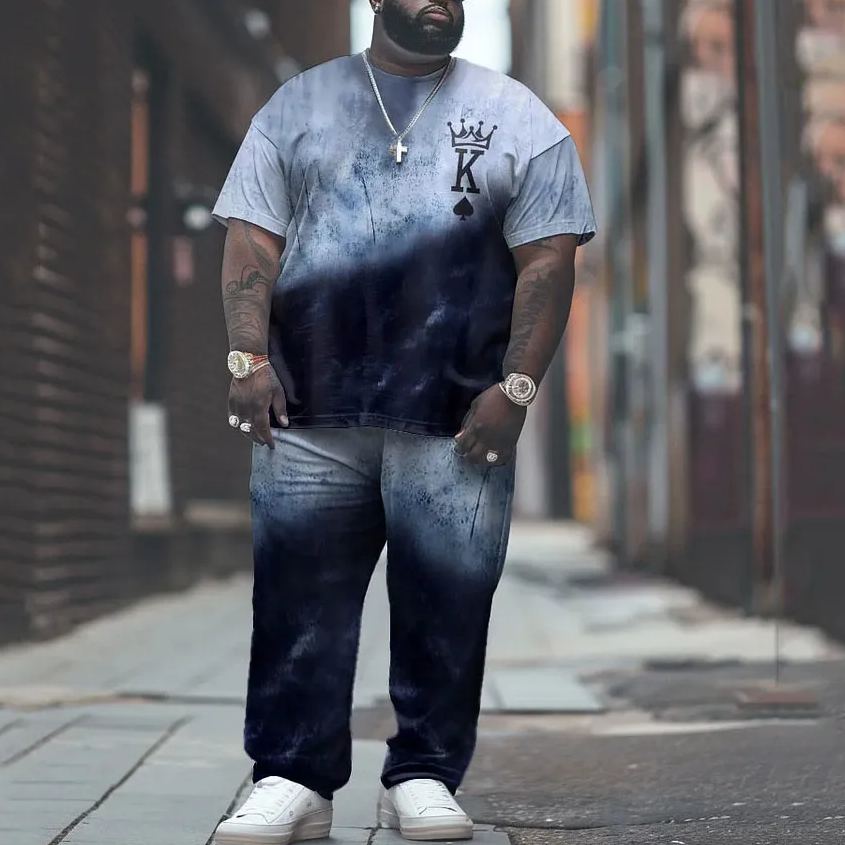 Men's Plus Size Street Casual Tie Dye Contrast K Letter Print T-Shirt Trousers Set