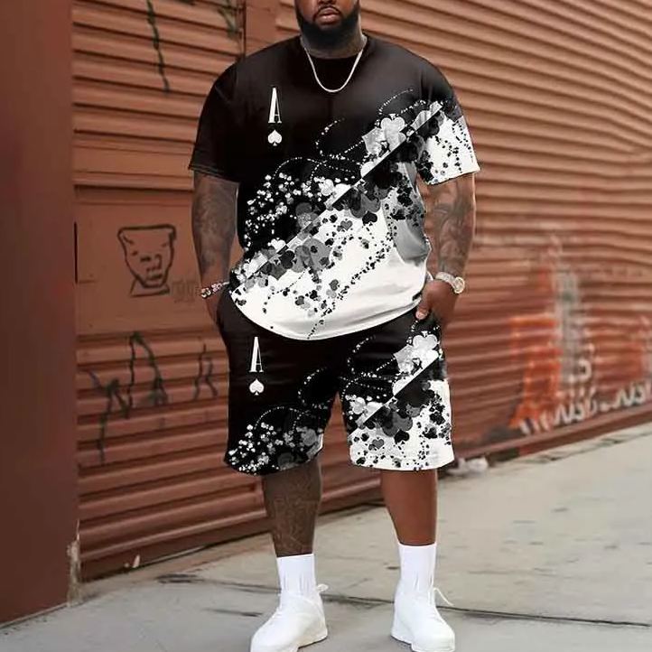Men's Plus Size Ink Watercolor Abstract Painting Graffiti Poker A Print Shorts Set