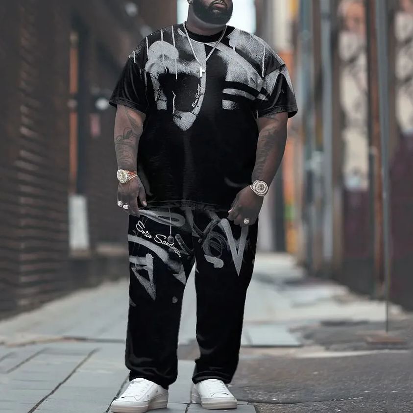 Men's Plus Size Street Casual Abstract Graffiti Letter Print T-Shirt Trousers Set
