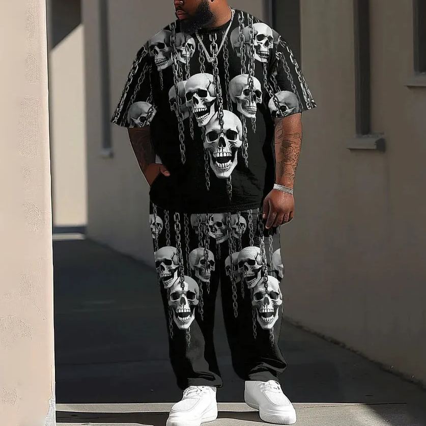 Men's Plus Size Street Casual Chain Skull Print T-Shirt Trousers Set