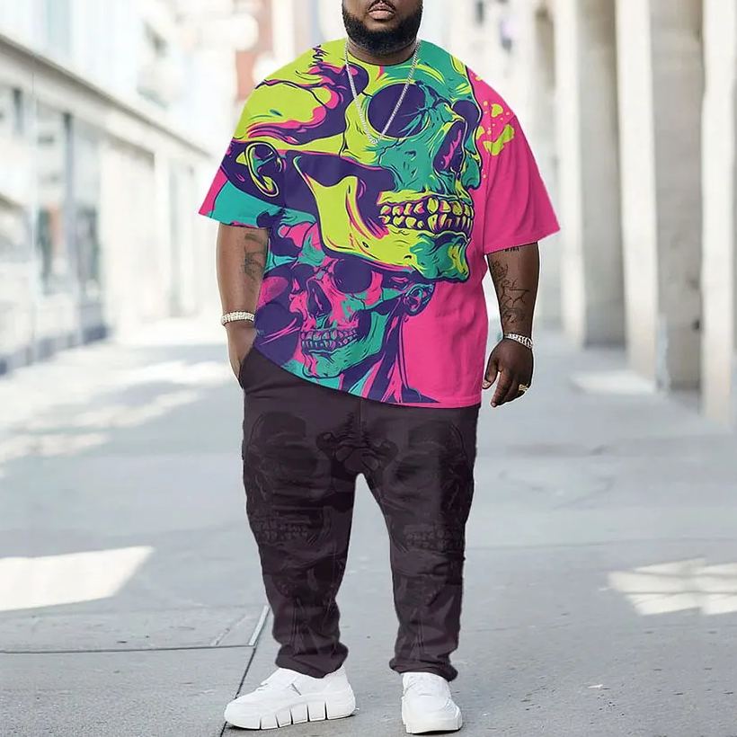 Men's Plus Size Street Fashion Abstract Graffiti Skull Print T-Shirt Trousers Set