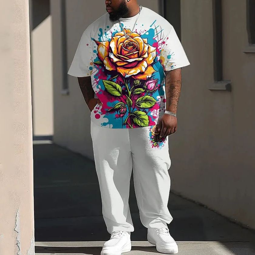 Men's Plus Size Street Fashion Graffiti Rose Print T-Shirt Trousers Set