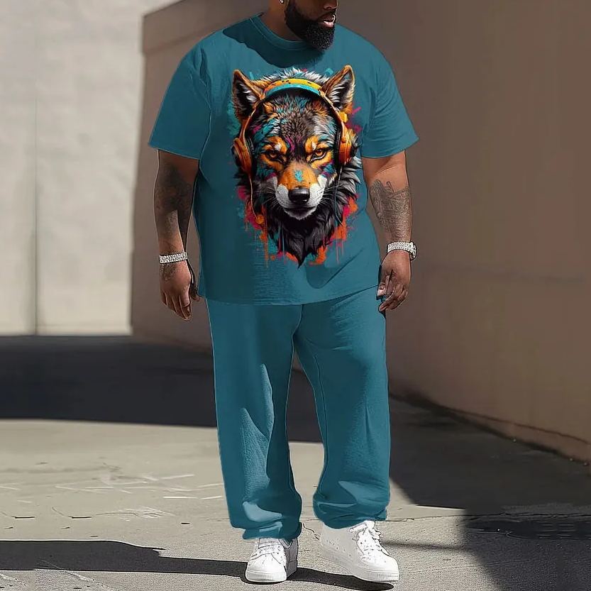 Men's Plus Size Street Fashion Graffiti Wolf Print T-Shirt Trousers Set