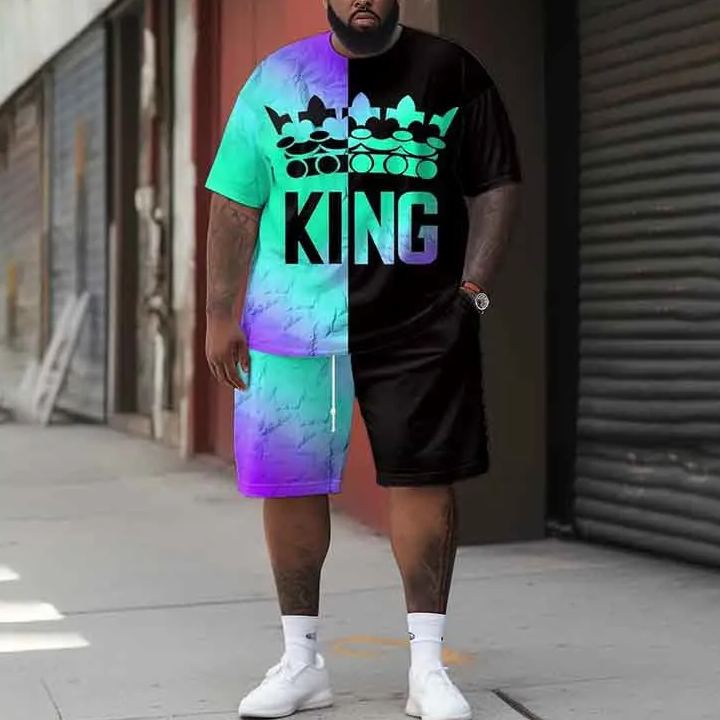 Men's Plus Size Ombre King Crown Contrasting Color Casual Print Shorts Set