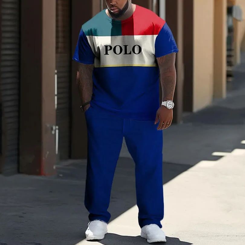 Men's Blue And Red Color Matching Star Sports And Leisure Two-Piece Set