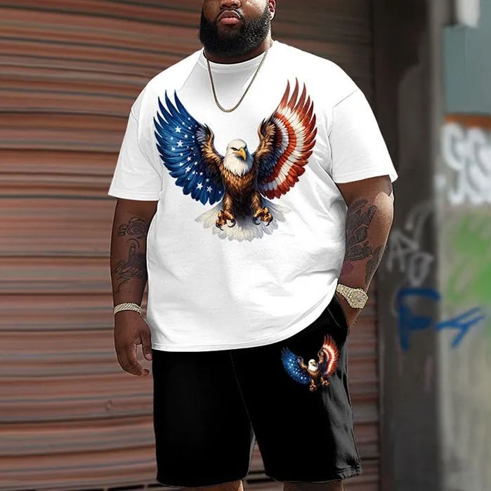 Men's Plus Size Creative Eagle With US Flag Wing Casual Print Shorts  Set