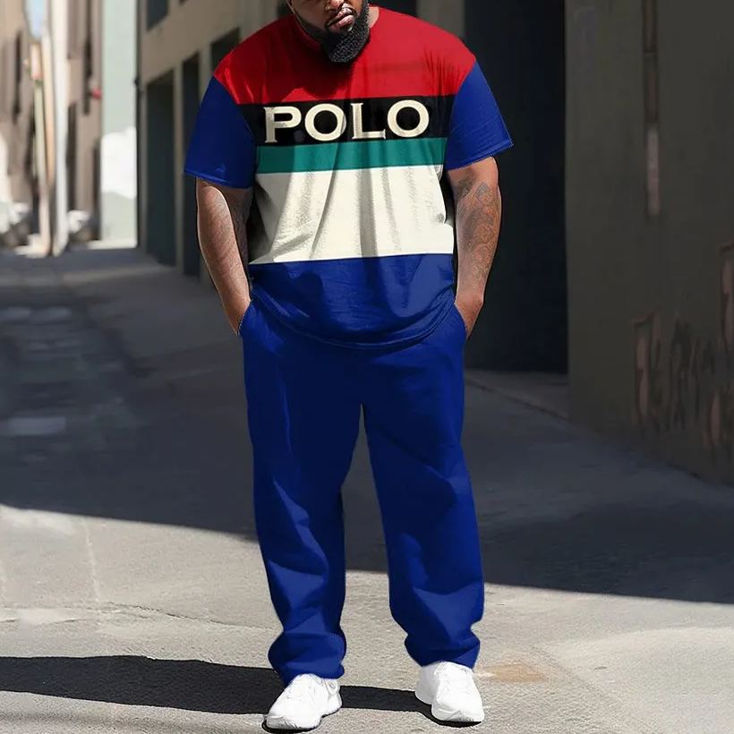 Men's Casual Two-Piece Plus Size Color Matching Short-Sleeved Trousers