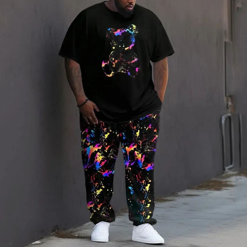 Men's Large Color Splash King Street Hip-Hop Casual Two-piece Set