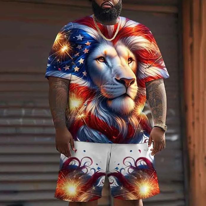 Men's Plus Size Ombre Fashion US Flag Lion Face Casual Print Shorts Set