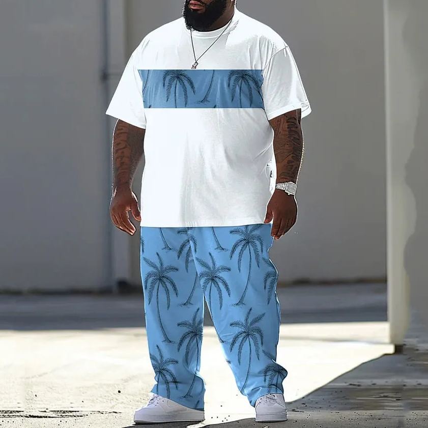 Men's Large Casual Summer Coconut Tree Print T-Shirt Pants Set