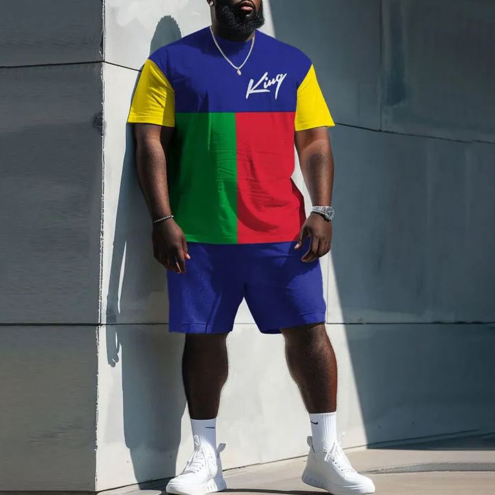 Men's Plus Size Fashion Multicolor Splicing Word King Casual Print Shorts Set