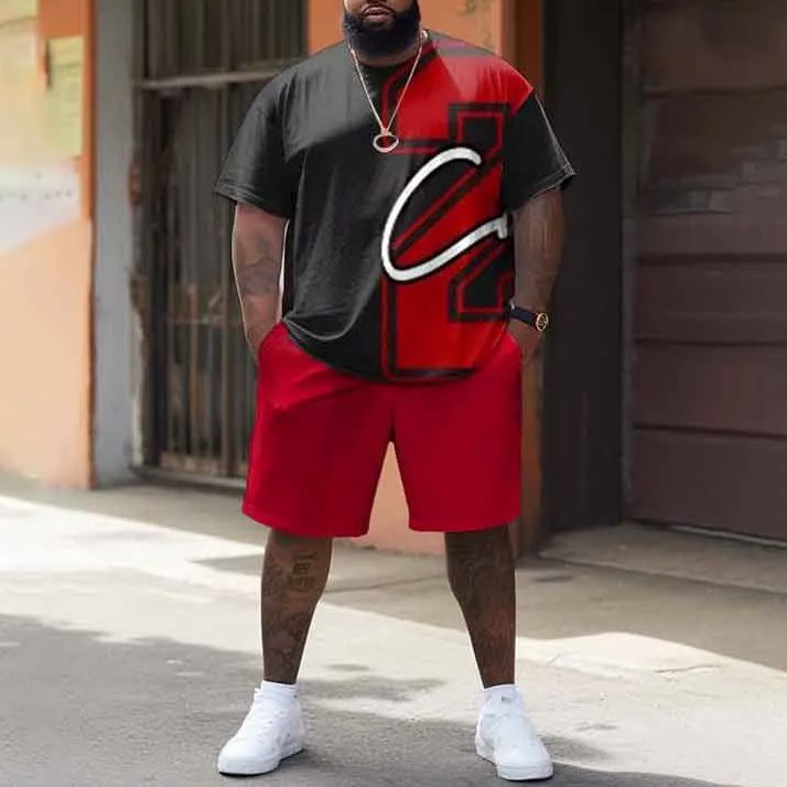 Men's Plus Size Arabic Number 2 Contrasting Solid Color Casual Print Shorts Set