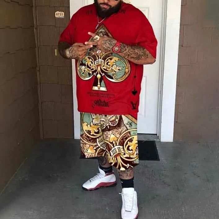 Men's Plus Size Casual Oil Painting Colorful Poker A Pattern Print Shorts Set 