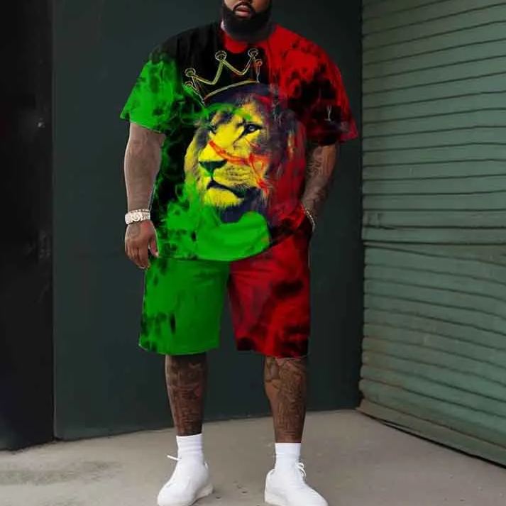 Men's Plus Size Multicolor Stylish Lion Face With Crown Print Shorts Set
