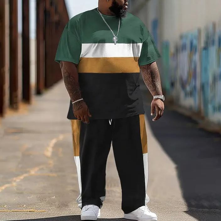  Men's Plus Size Solid Multicolor Rectangular Shape Printed T-shirt Pants Set