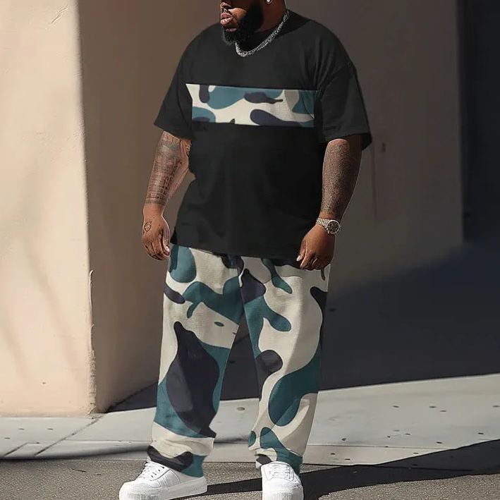 Men's Plus Size Fashion Camouflage Style Casual Printed T-shirt Pants Set